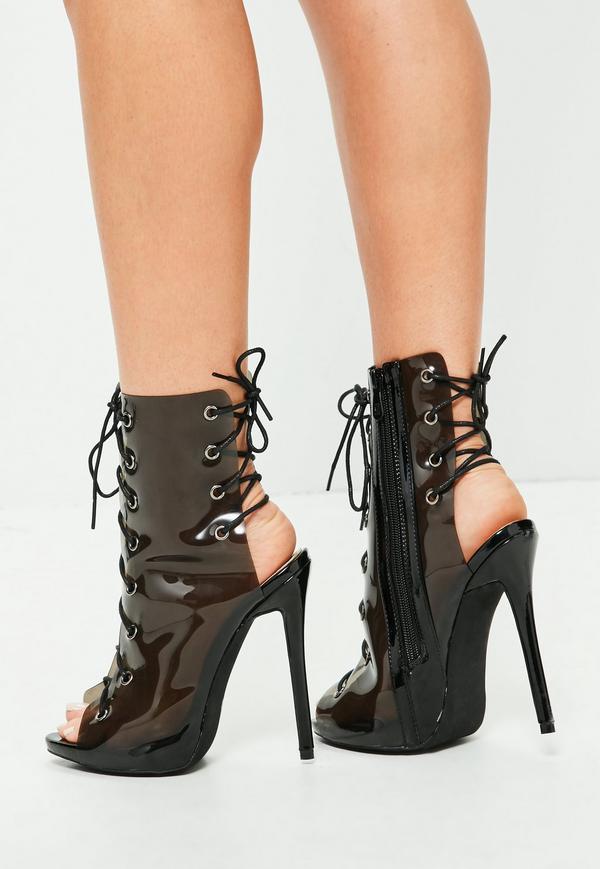 black lace up perspex heels